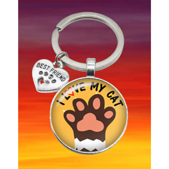 Best Friend I Love My Cat Paw Print Cabochon Dome Keychain Keyring Key Chain - Picture 3 of 5